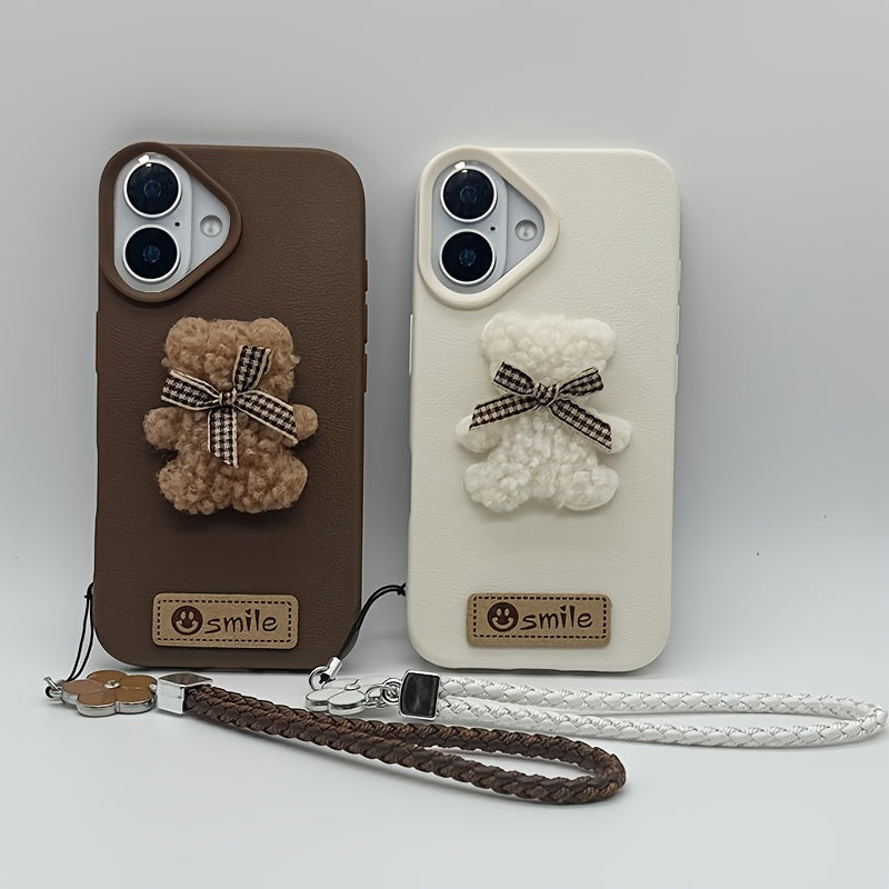 A Single-Pack Plush Teddy Bear Phone Case with a Bow, Available in White And Brown. It Comes with a Wrist Strap And Features a Simple And Elegant Faux Leather Texture That Is Anti-Slip And Fingerprint-Resistant. Made with TPU